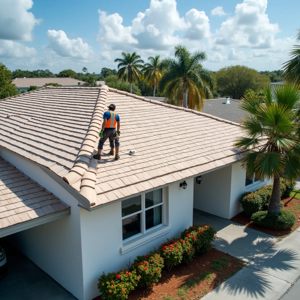 Long single-story villa roofline under repair in Villages of Oriole west of Delray Beach
