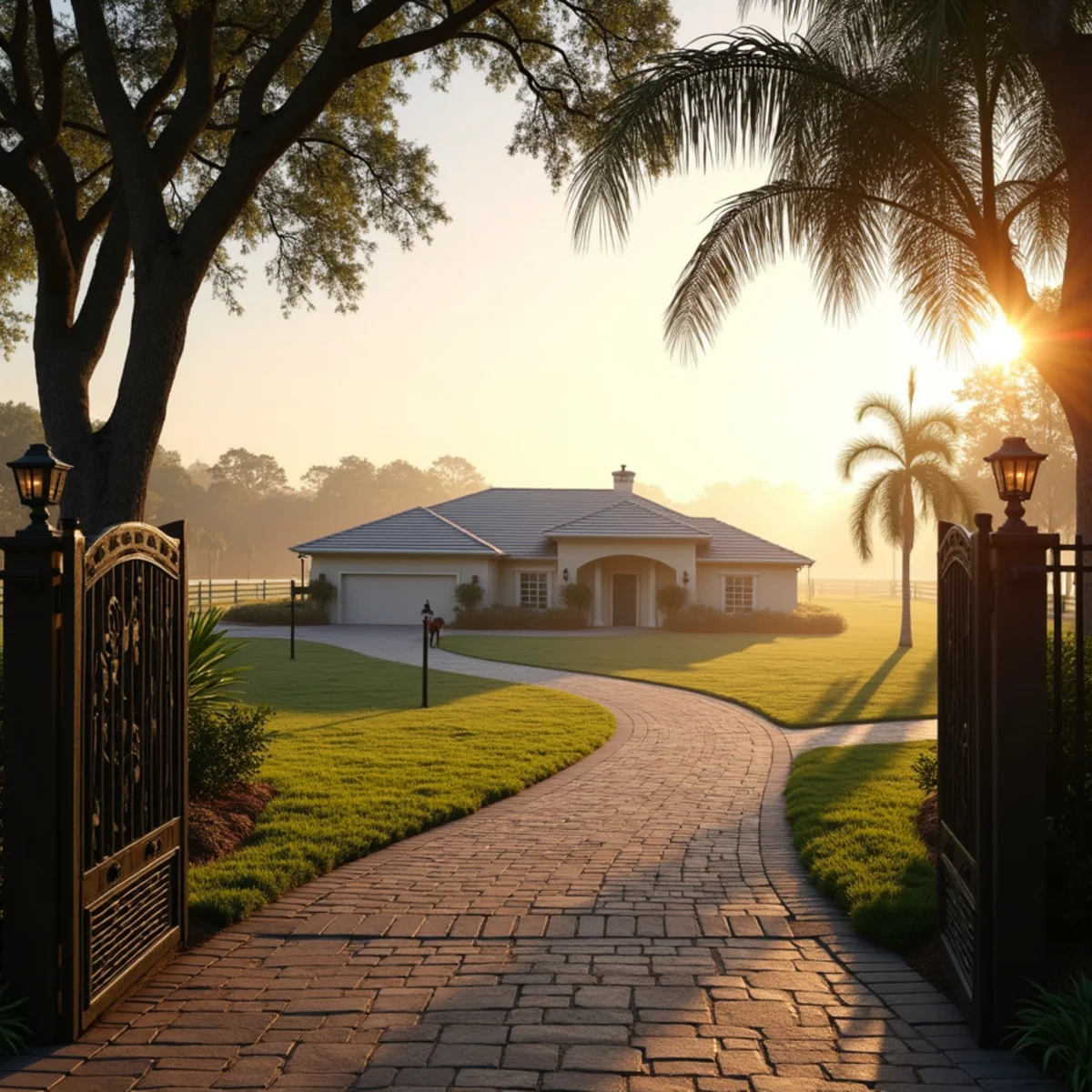 Equestrian estate with flat concrete tile roof and dark board fencing in Wellington, FL