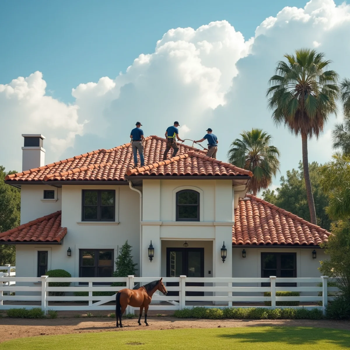 Roofers resetting ridge tiles on an equestrian estate home in Wellington, FL