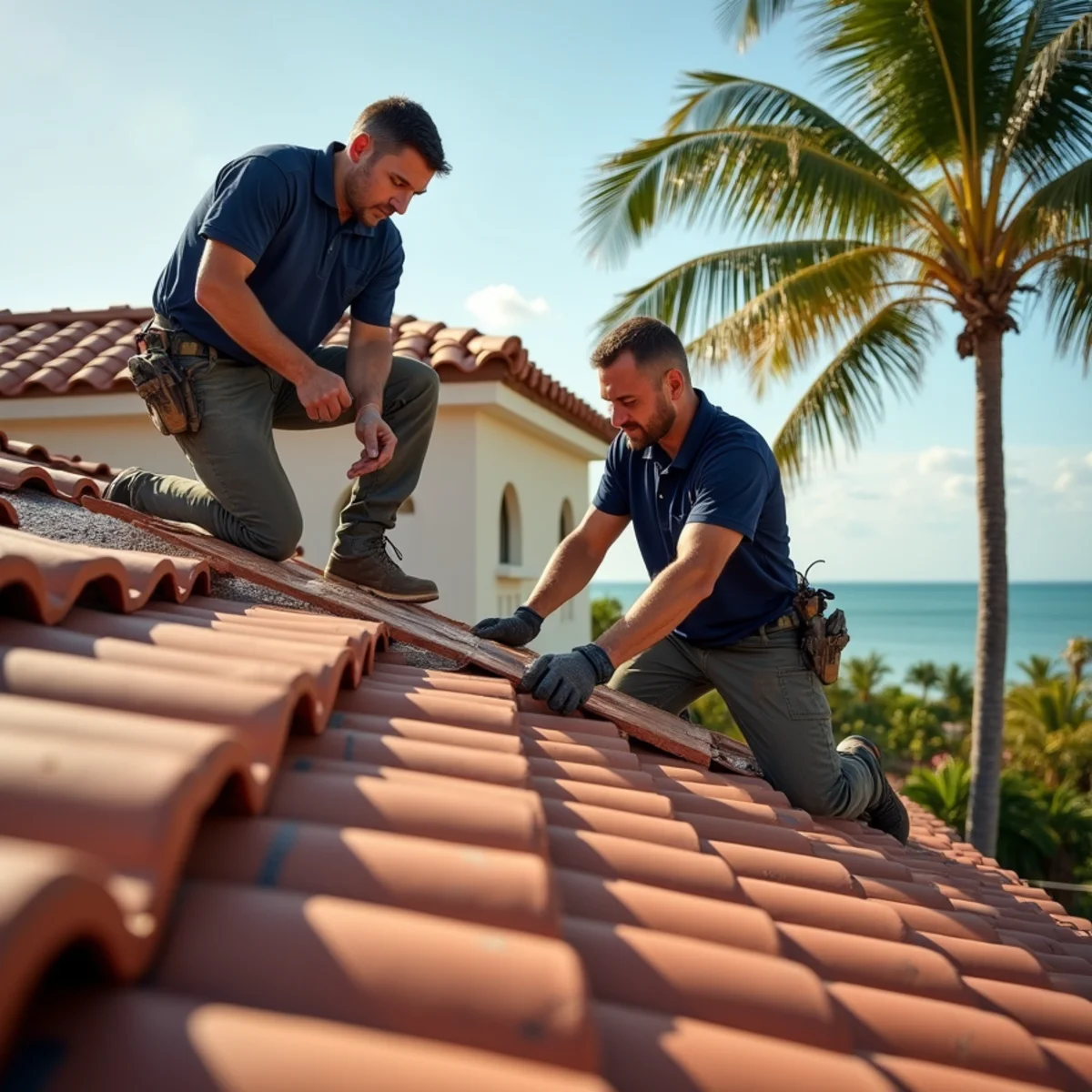 Roofers relaying original clay barrel tile on a historic home in West Palm Beach, FL