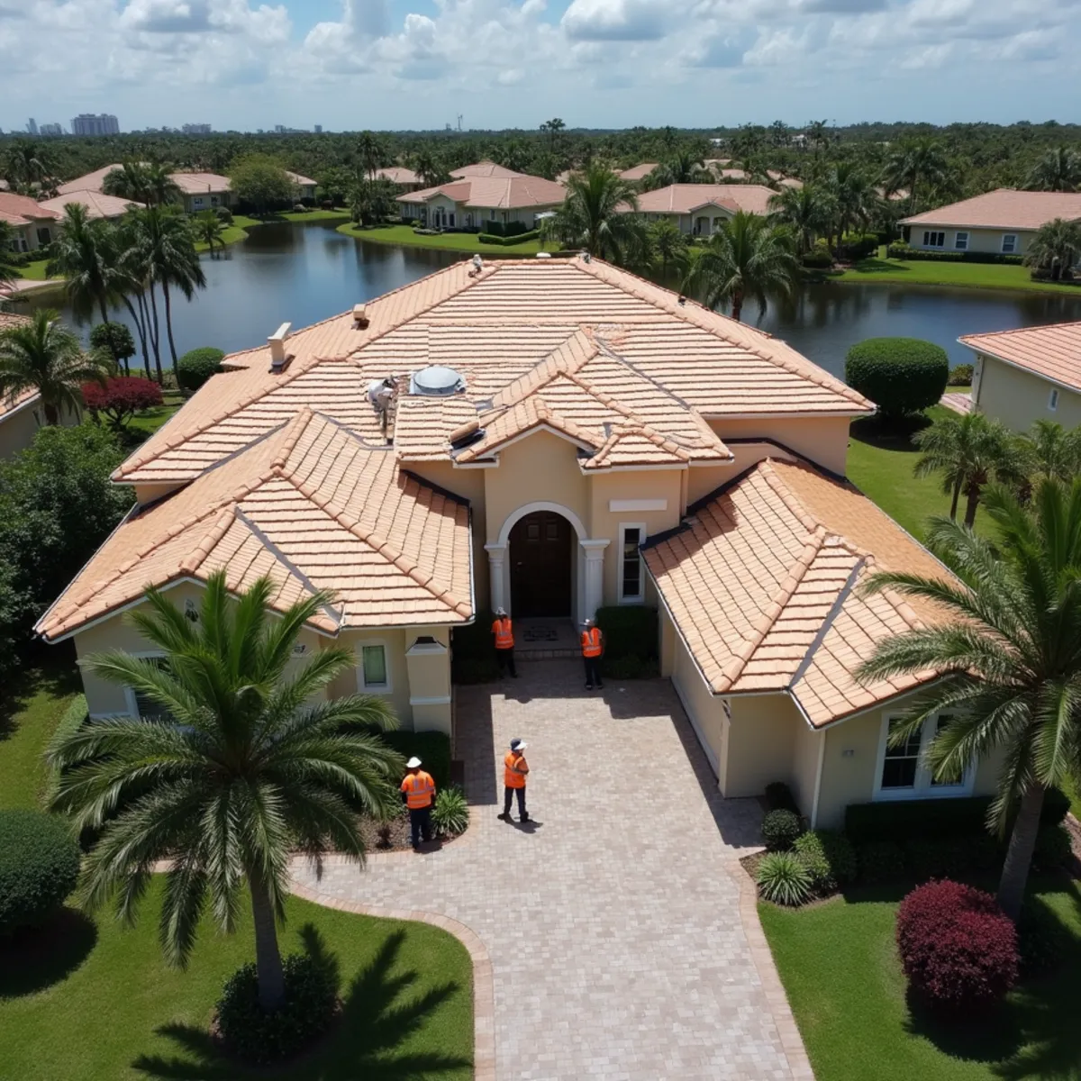 Crew installing new underlayment during a tile re-roof in a Weston community