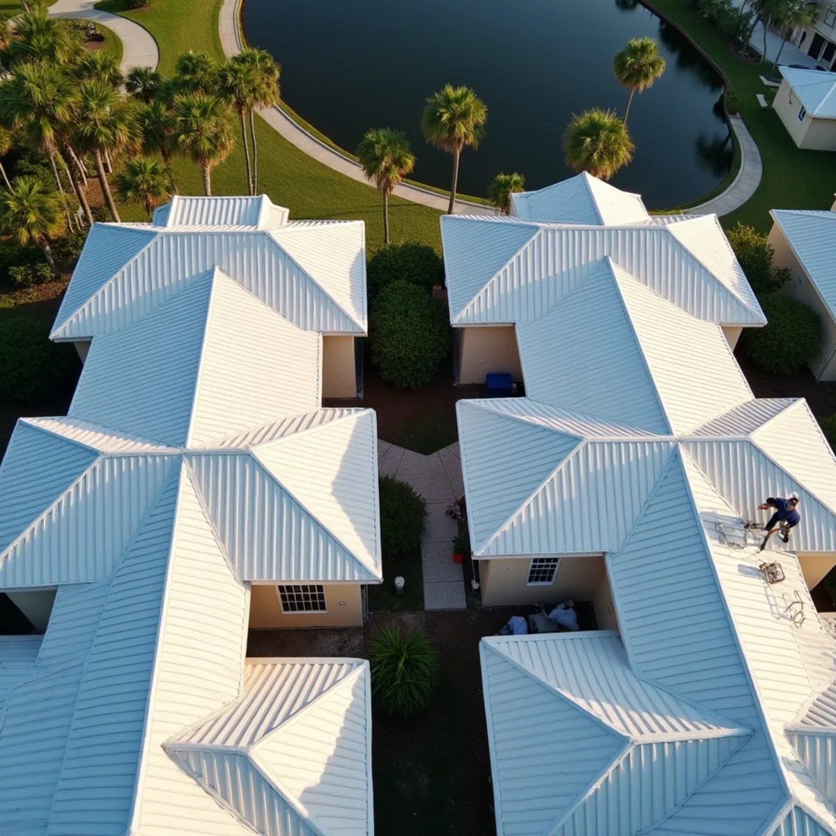 Aerial view of attached villa buildings sharing continuous tile roofs in Whisper Walk, FL