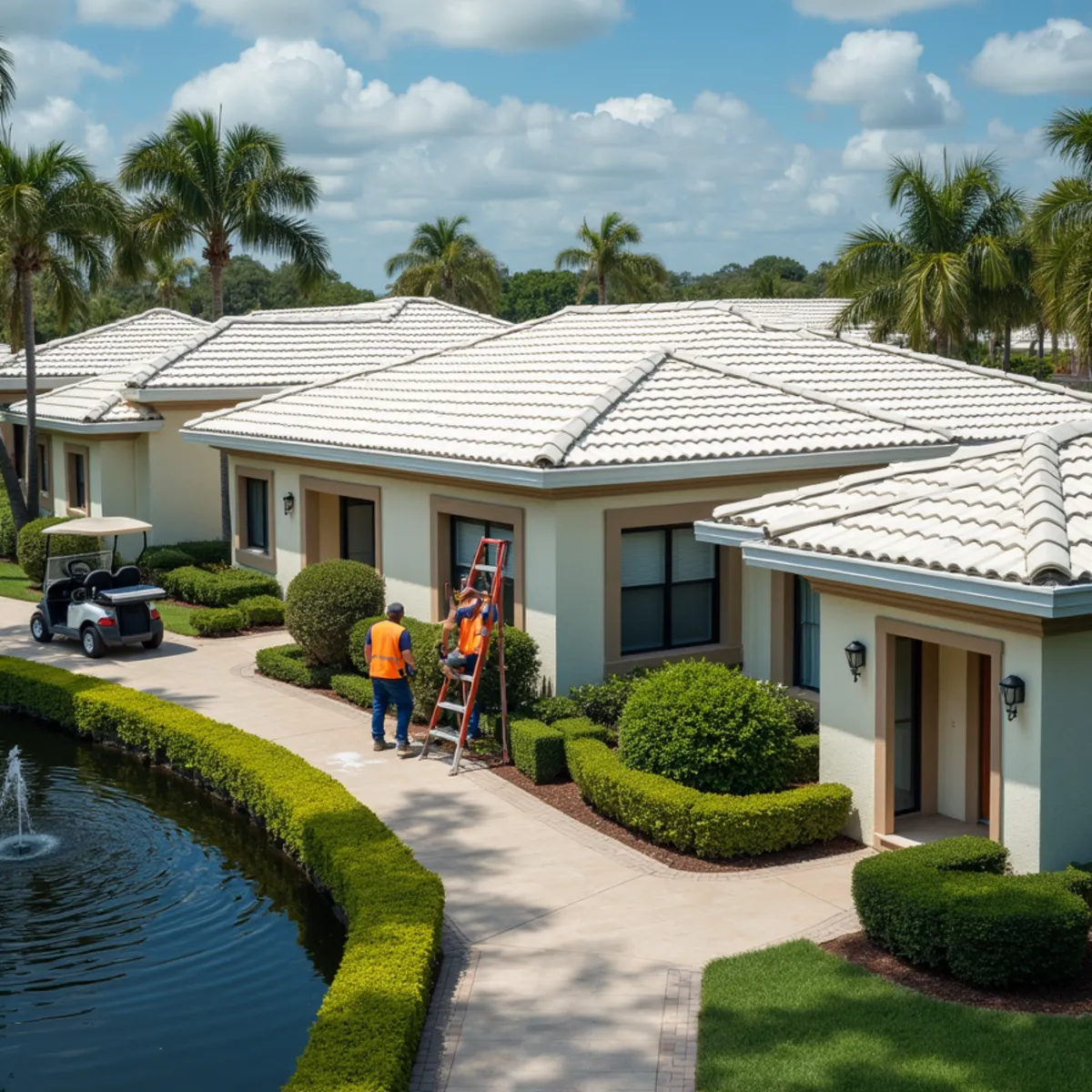 Roofers working across a shared villa roofline at the Whisper Walk 55+ community
