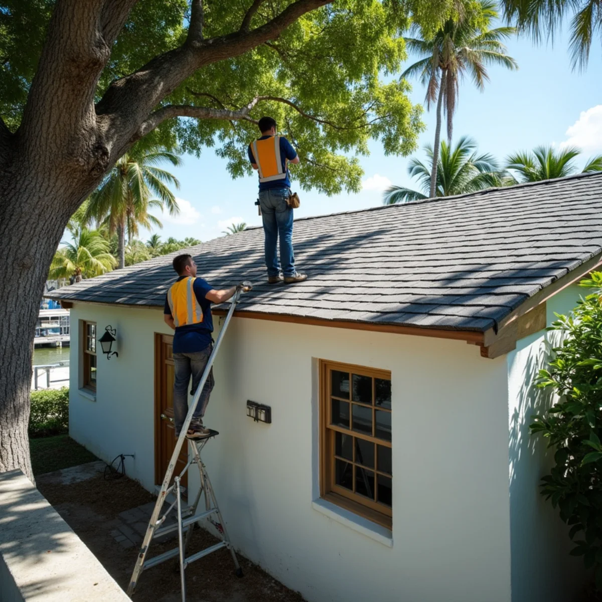 Renovated mid-century home in Wilton Manors with a new shingle roof and a roofer checking wall flashing