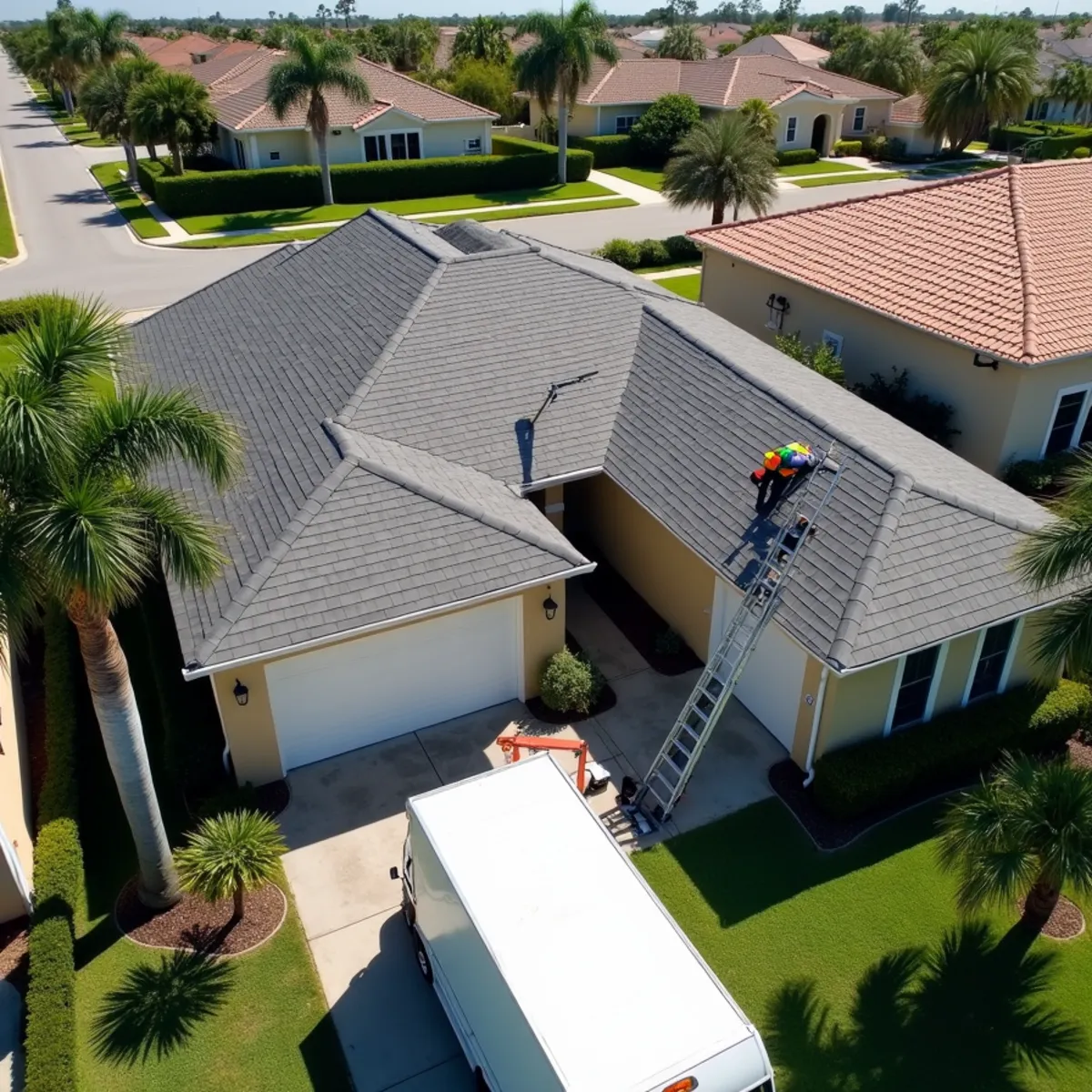 Roofers repairing and replacing tile and shingle roofs on Boca Raton, FL homes