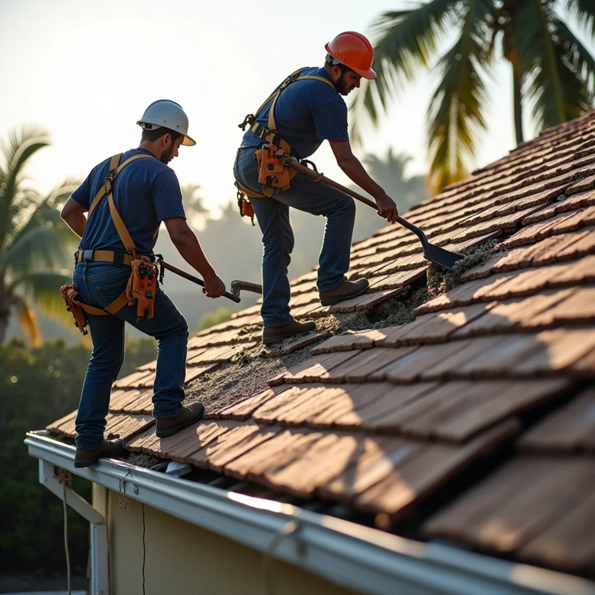 Crew tearing off old asphalt shingles down to the deck on a West Boca Raton home