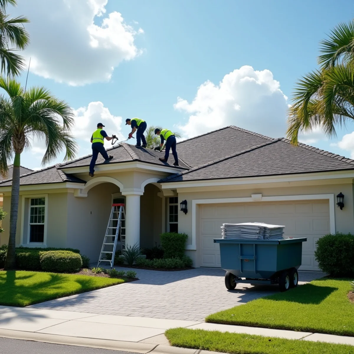 Crew installing new architectural shingles over self-adhered underlayment during a re-roof in Boca Raton, FL
