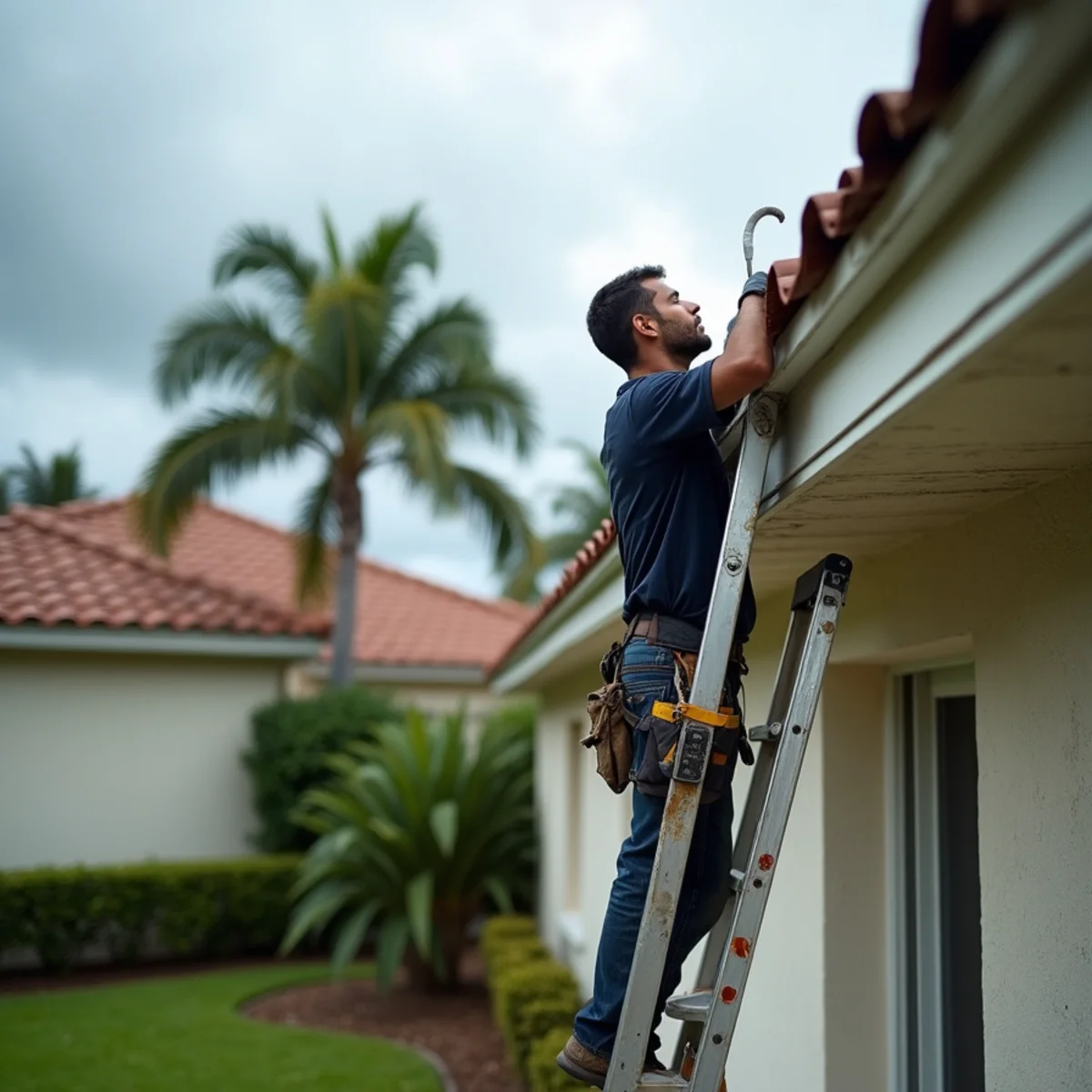Roofer replacing wind-bent drip edge on a storm-damaged shingle roof in Boca Raton