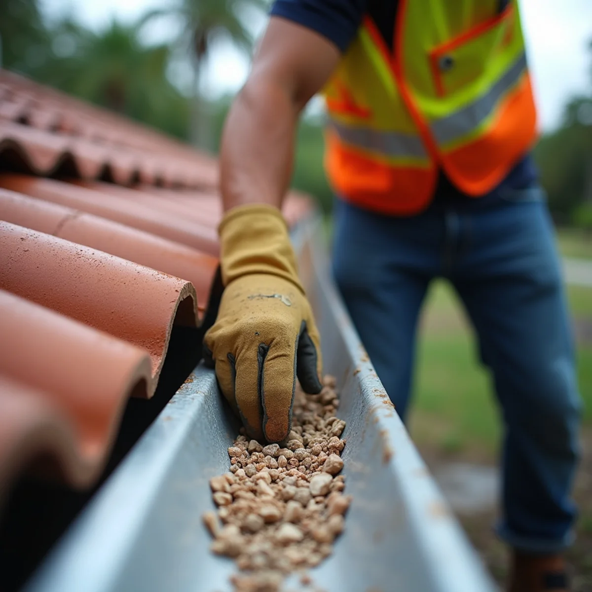 Broken concrete tile fragments in a gutter after a summer storm in Boca Raton, FL