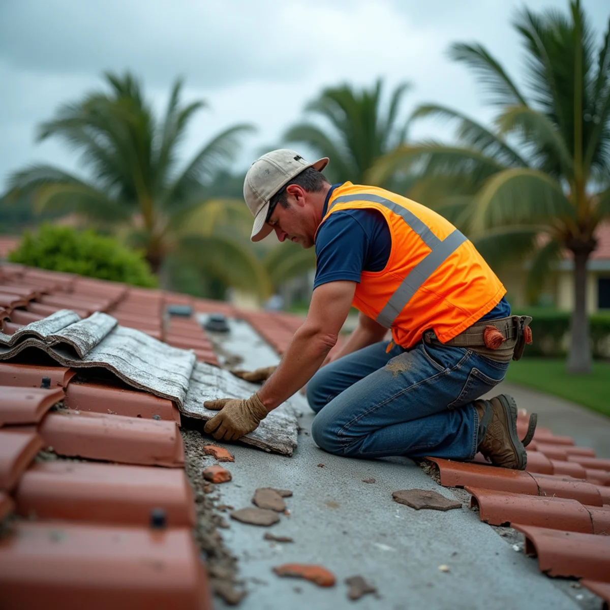 Roofer checking wind-lifted shingles and a cracked concrete tile ridge after a summer storm on a Boca Raton, FL home