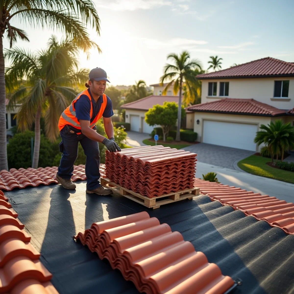 Crew loading concrete barrel tiles onto new underlayment during a tile re-roof in Boca Raton