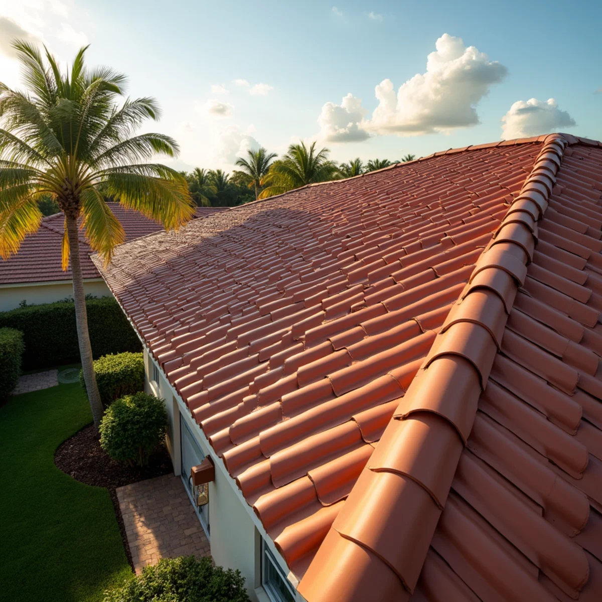 Completed barrel tile roof replacement with new valley flashing on a Boca Raton, FL home