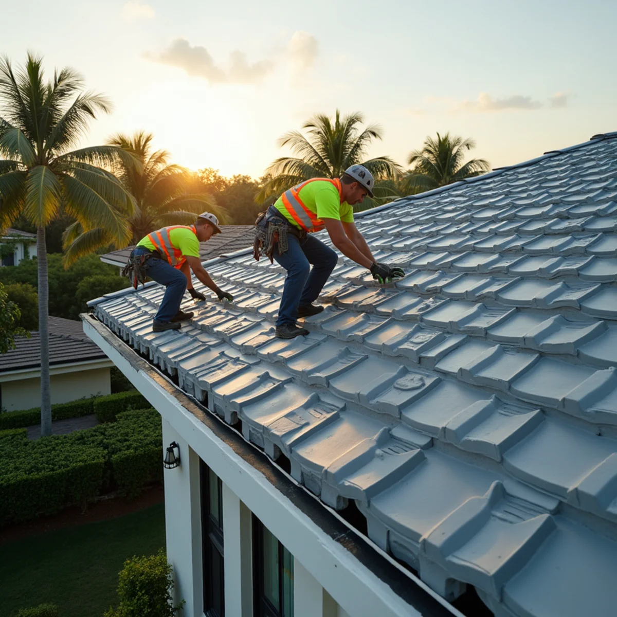 Crew setting new flat concrete tiles with foam adhesive during a tile roof replacement in Boca Raton, FL